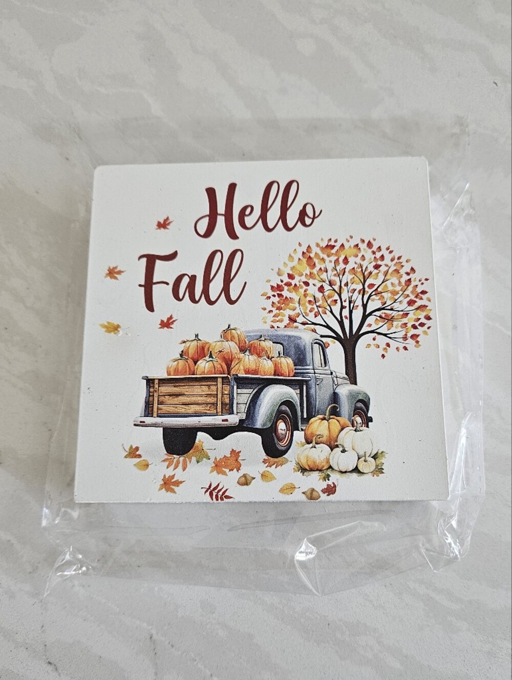 Hello Fall Truck Autumn Pumpkins Decorative Block Sign